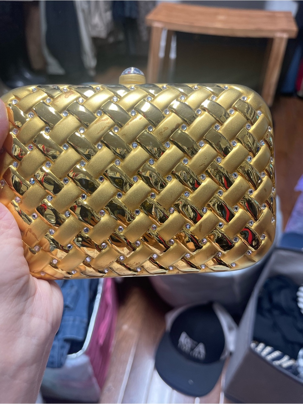 La Regale Metallic Gold Woven Clutch with Jeweled Clasp